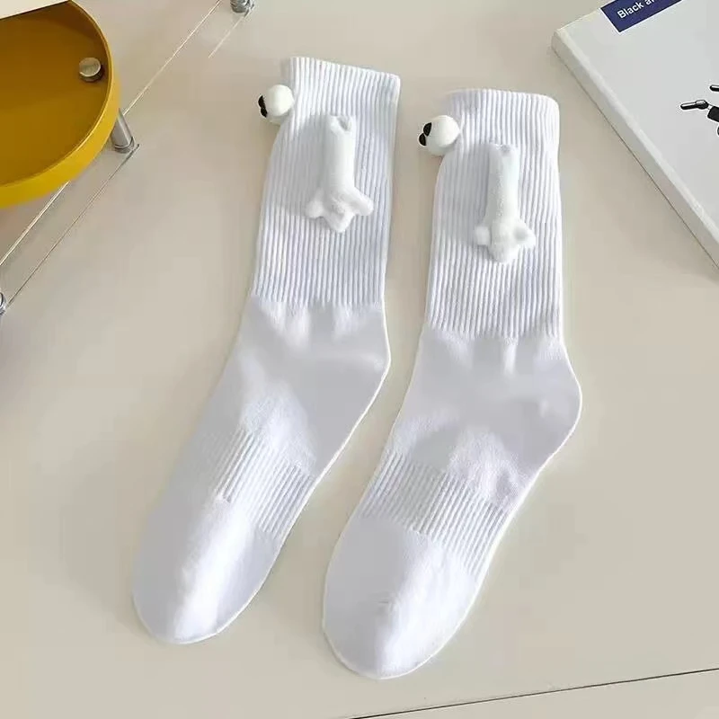 1Pair Creative Couple Socks Magnetic Socks with Eyes and Hands Mid Tube Sweat-absorbing Stockings Cartoon Lovers Friends Socks
