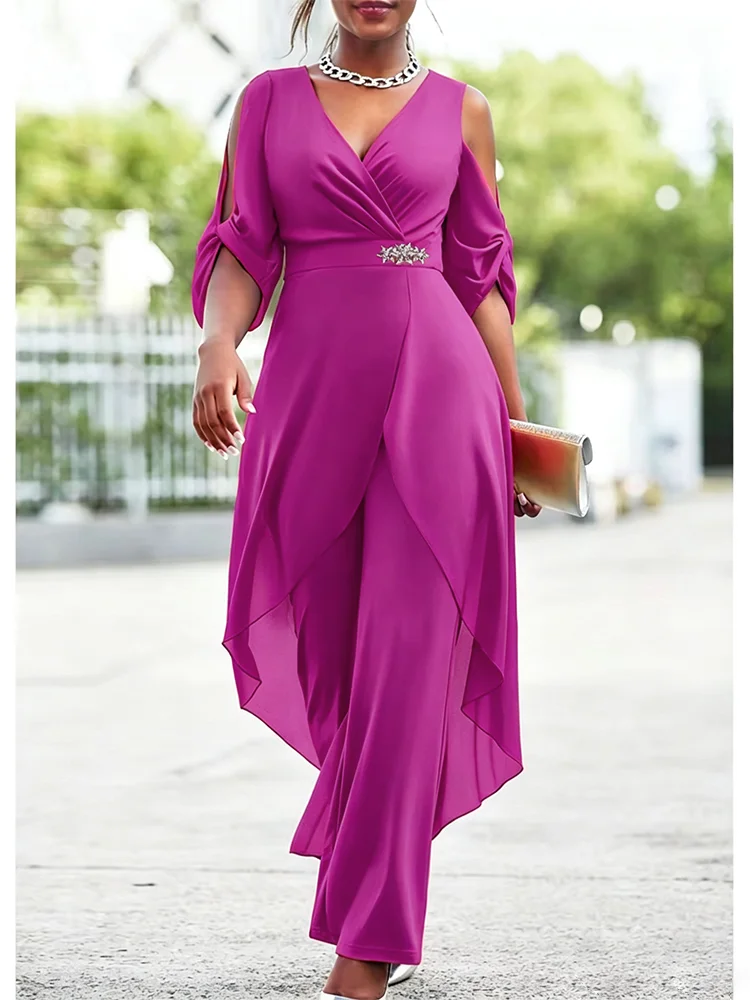 2024 Plus Size 6XL7XL 2-Piece Set Chiffon V-Neck Top and Loose Pants Elegant Commuting Plus Size Women 2-Piece Set