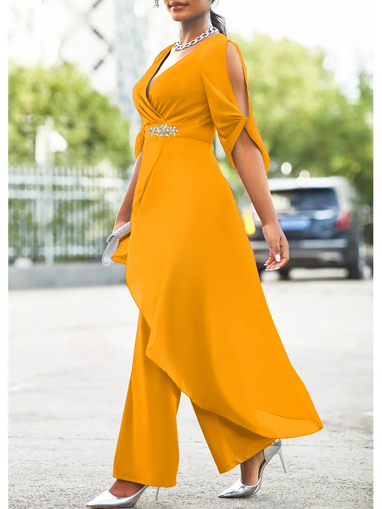 2024 Plus Size 6XL7XL 2-Piece Set Chiffon V-Neck Top and Loose Pants Elegant Commuting Plus Size Women 2-Piece Set