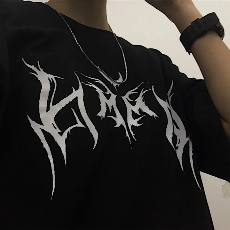 Women T Shirt Hip-Hop Loose Punk Letter Print Tops Tee Black T-shirt Female Summer T-shirt Graphic Tee Female Cute Tops Tee