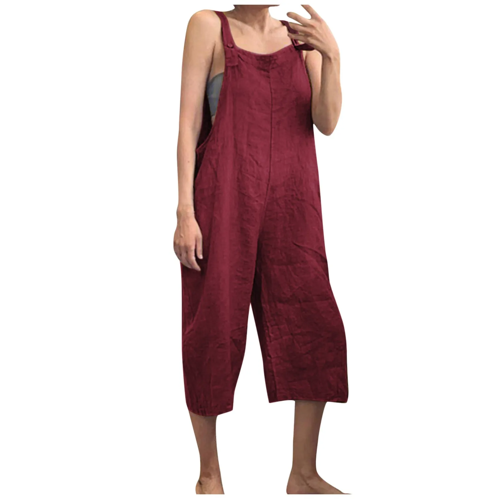 Solid Color Women Loose Cotton Linen Jumpsuit Sleeveless Harem Overalls Jumpsuits Loose Vintage Pants Femme Clothes