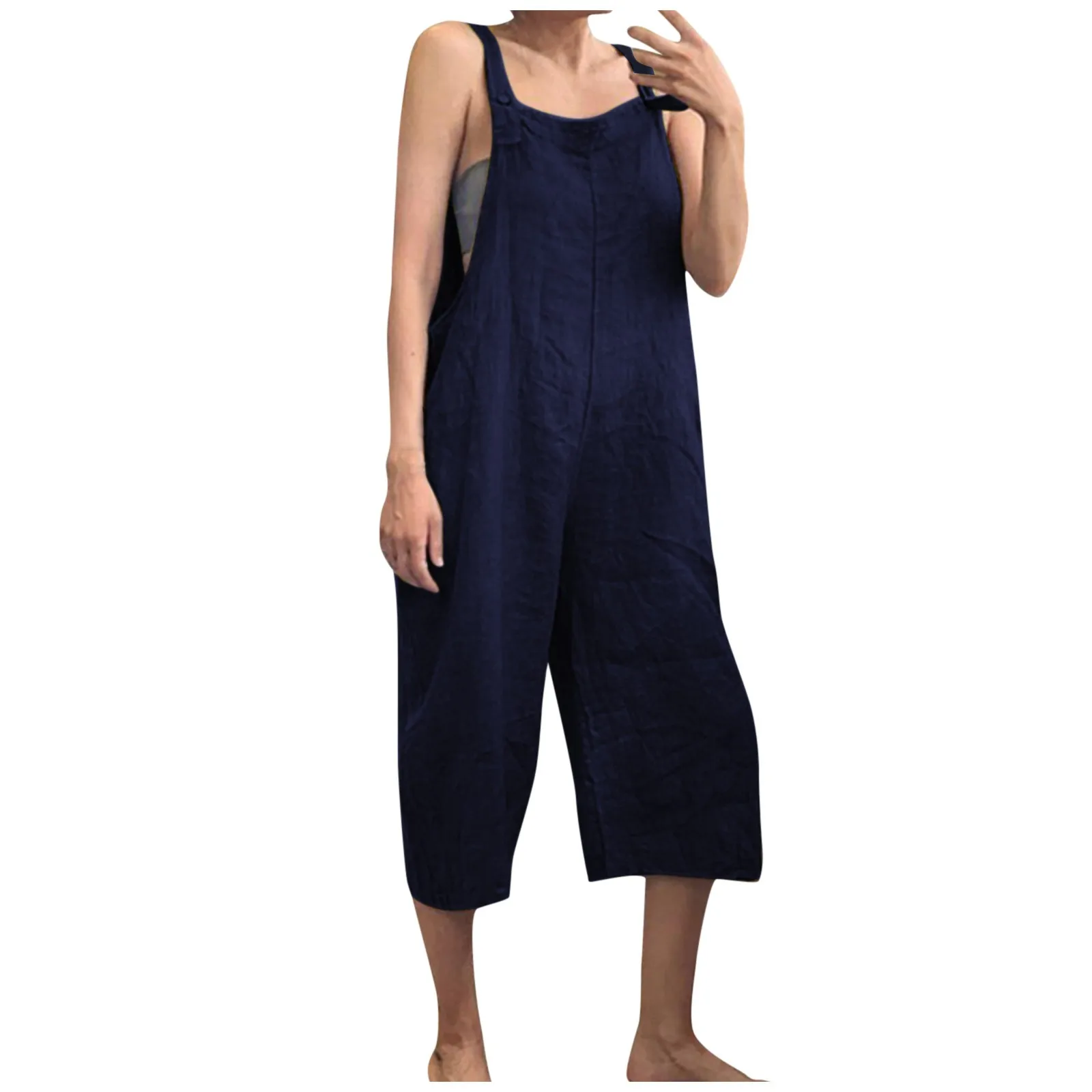 Solid Color Women Loose Cotton Linen Jumpsuit Sleeveless Harem Overalls Jumpsuits Loose Vintage Pants Femme Clothes