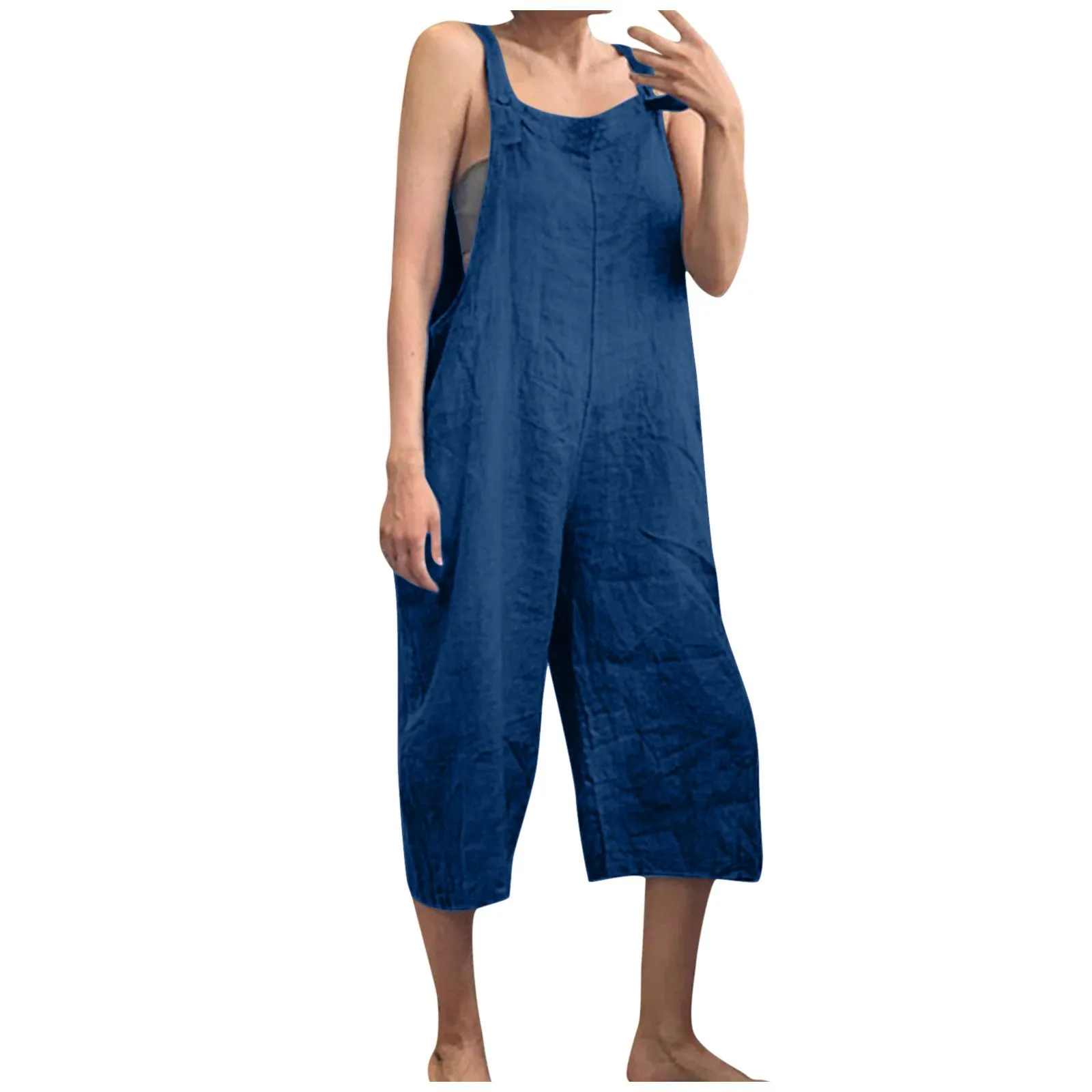 Solid Color Women Loose Cotton Linen Jumpsuit Sleeveless Harem Overalls Jumpsuits Loose Vintage Pants Femme Clothes