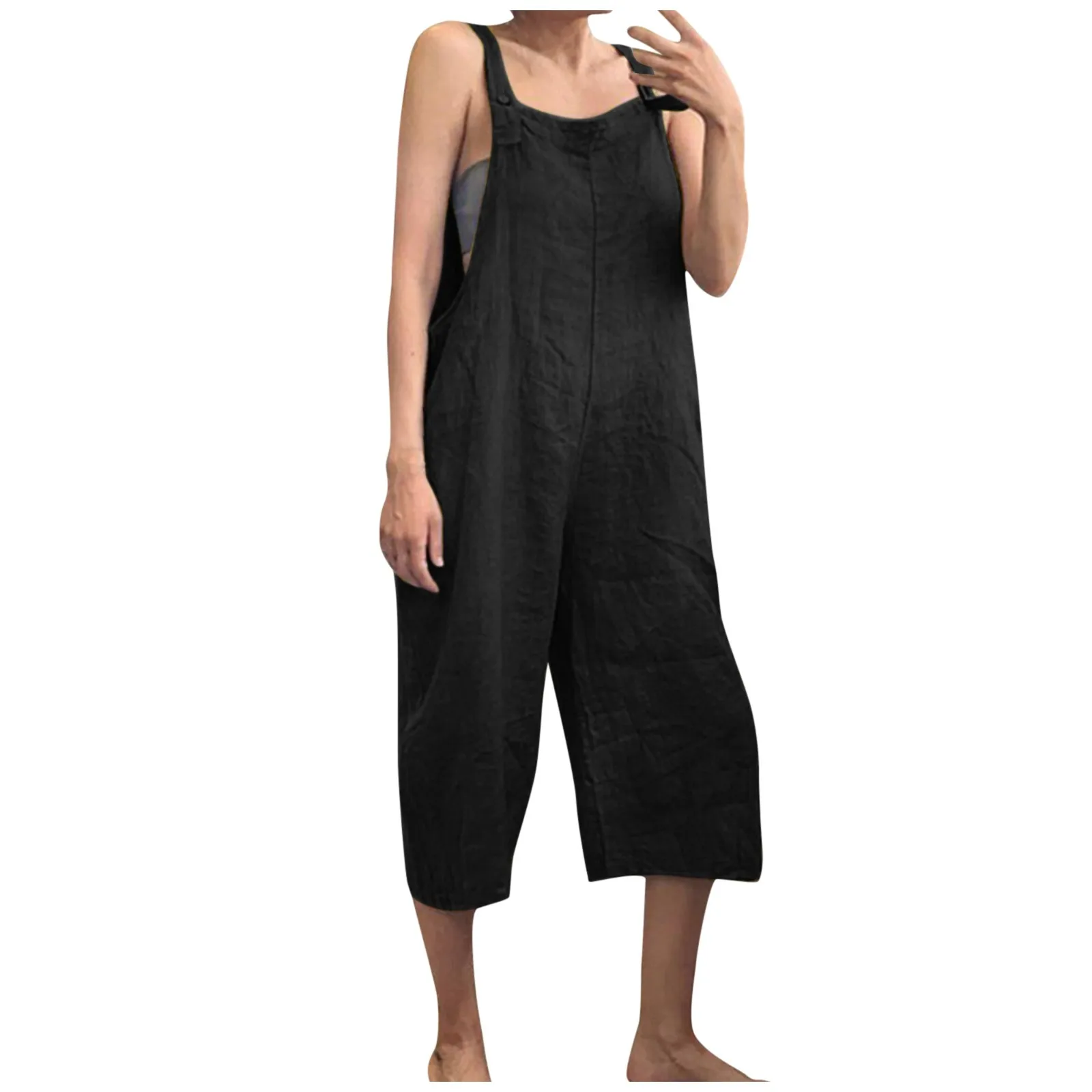 Solid Color Women Loose Cotton Linen Jumpsuit Sleeveless Harem Overalls Jumpsuits Loose Vintage Pants Femme Clothes