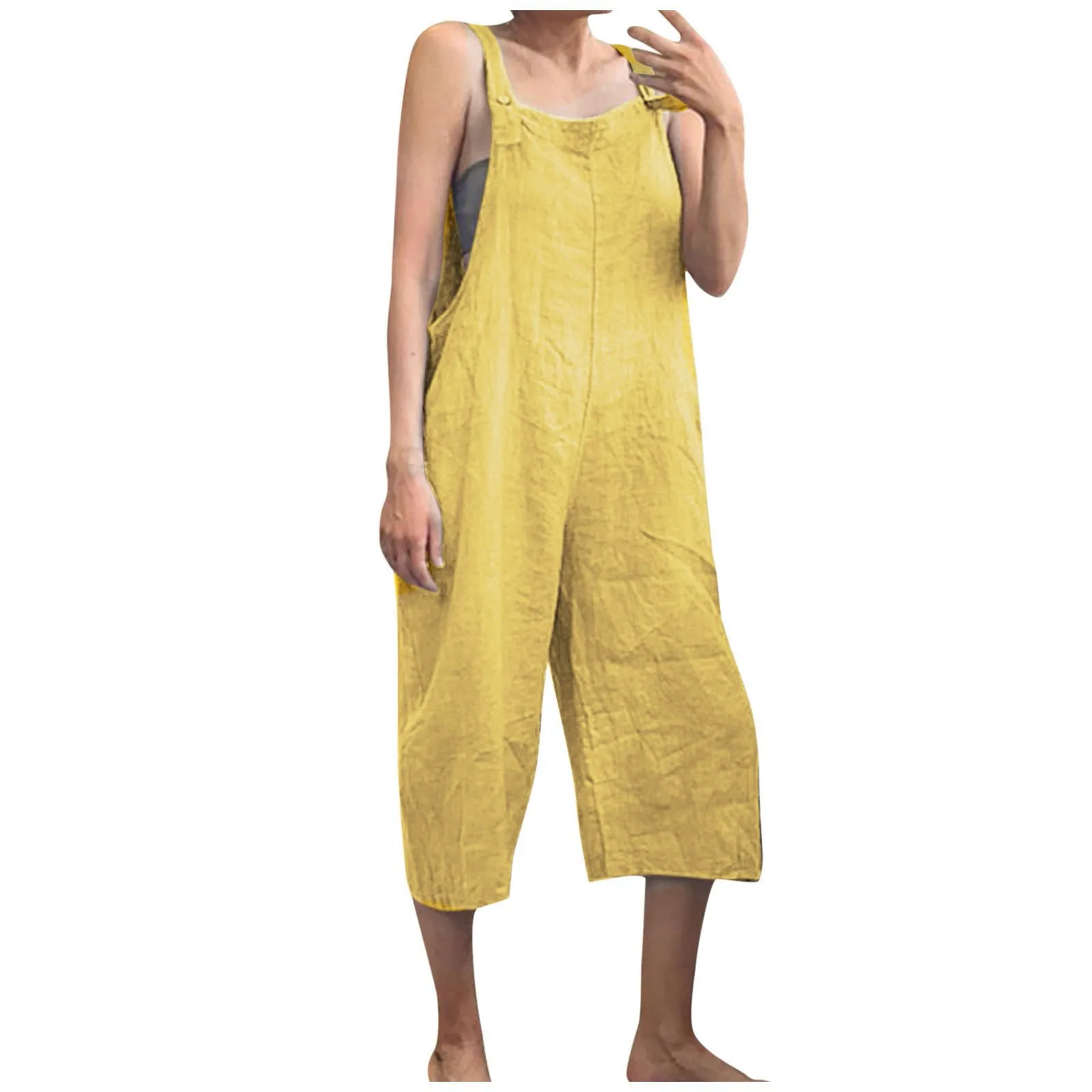 Solid Color Women Loose Cotton Linen Jumpsuit Sleeveless Harem Overalls Jumpsuits Loose Vintage Pants Femme Clothes