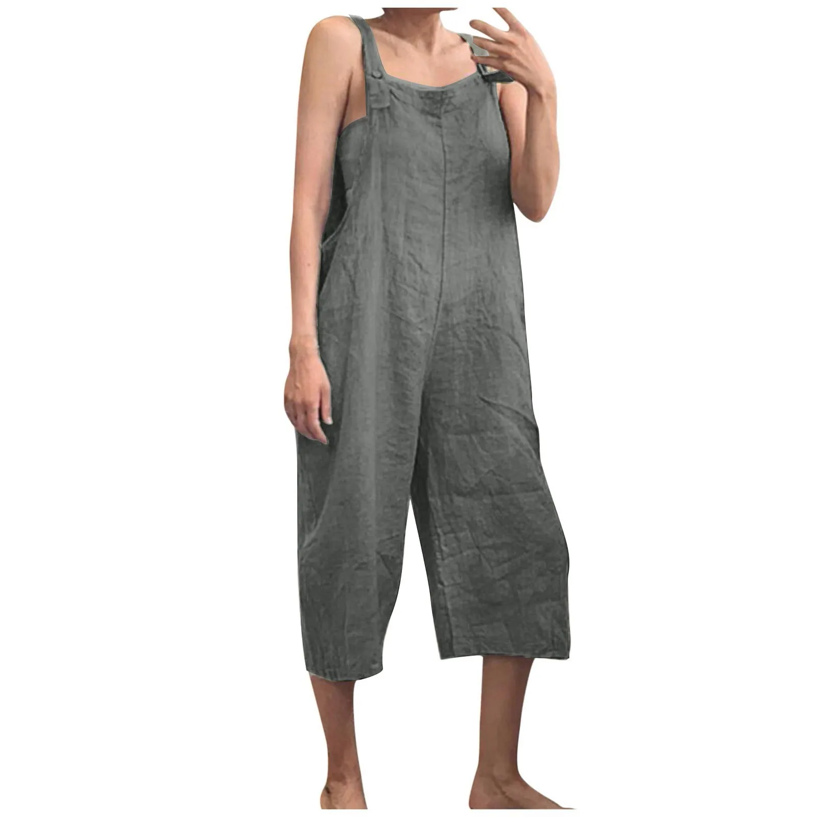 Solid Color Women Loose Cotton Linen Jumpsuit Sleeveless Harem Overalls Jumpsuits Loose Vintage Pants Femme Clothes