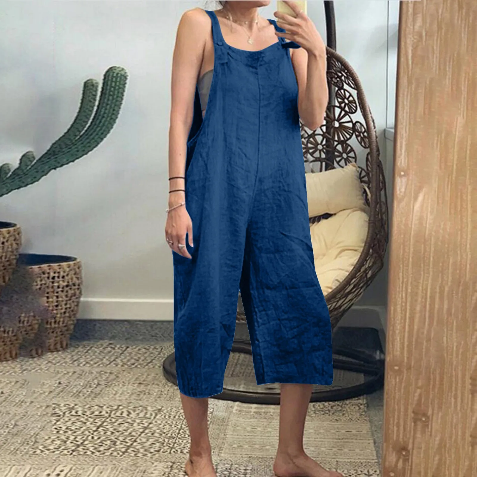 Solid Color Women Loose Cotton Linen Jumpsuit Sleeveless Harem Overalls Jumpsuits Loose Vintage Pants Femme Clothes