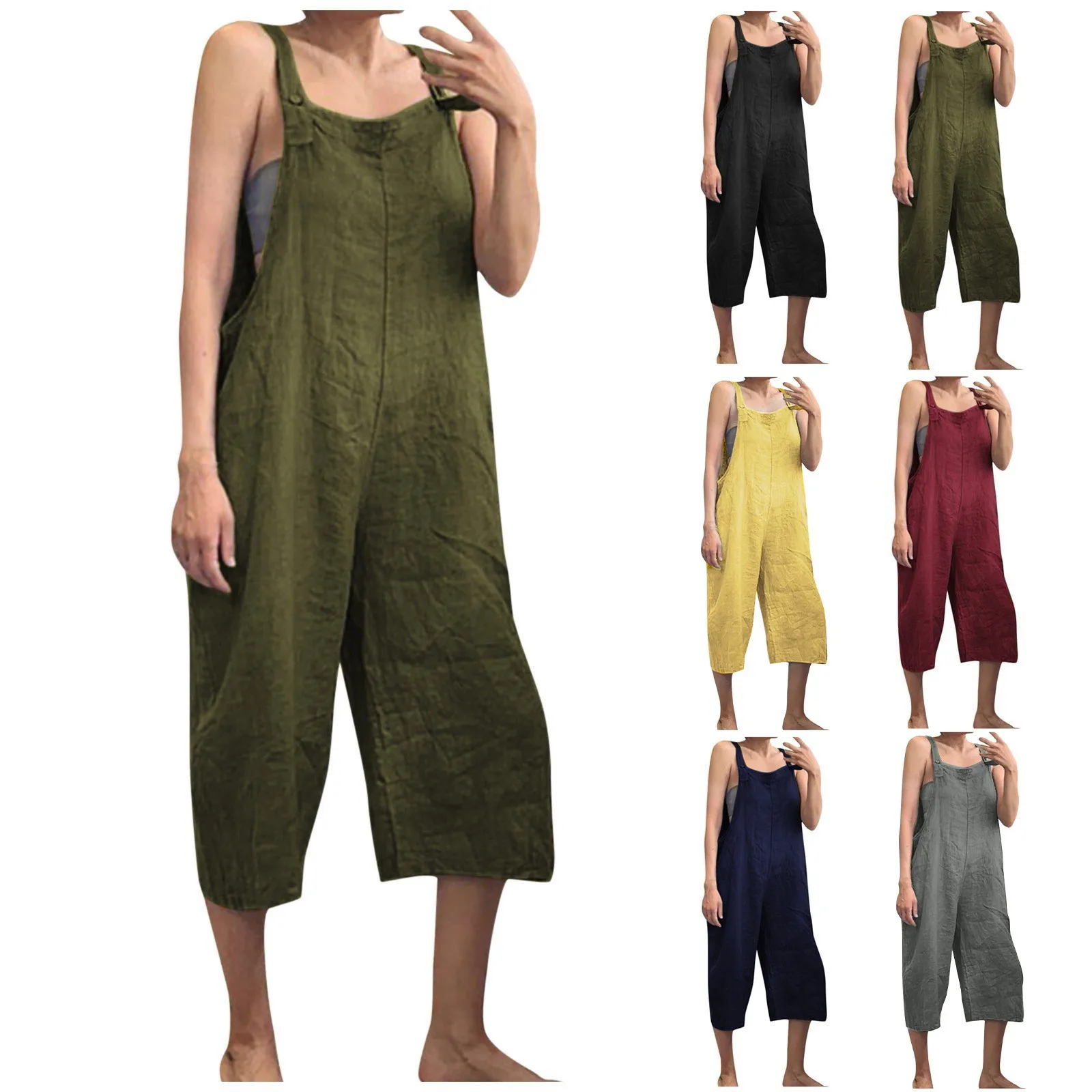 Solid Color Women Loose Cotton Linen Jumpsuit Sleeveless Harem Overalls Jumpsuits Loose Vintage Pants Femme Clothes