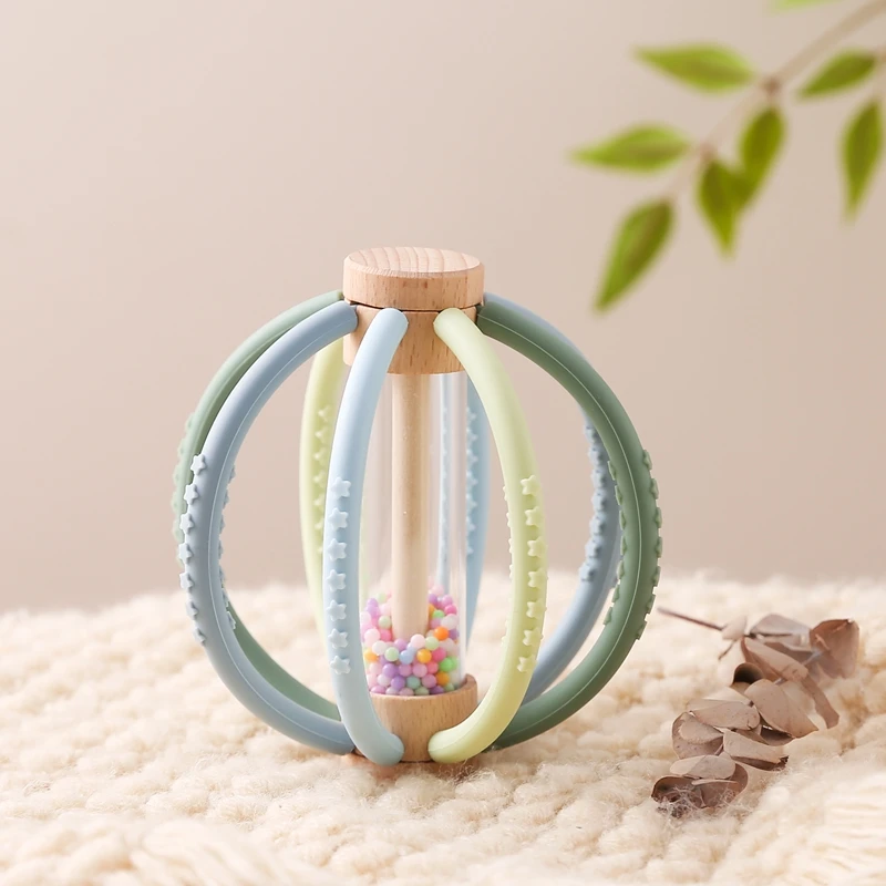 Baby Rattle Toy Wooden Rain Drum With Silicone Baby Sensory Touch Toy Newborn Dental Care Gum Anti-eating Hand ​Molar Stick Gif