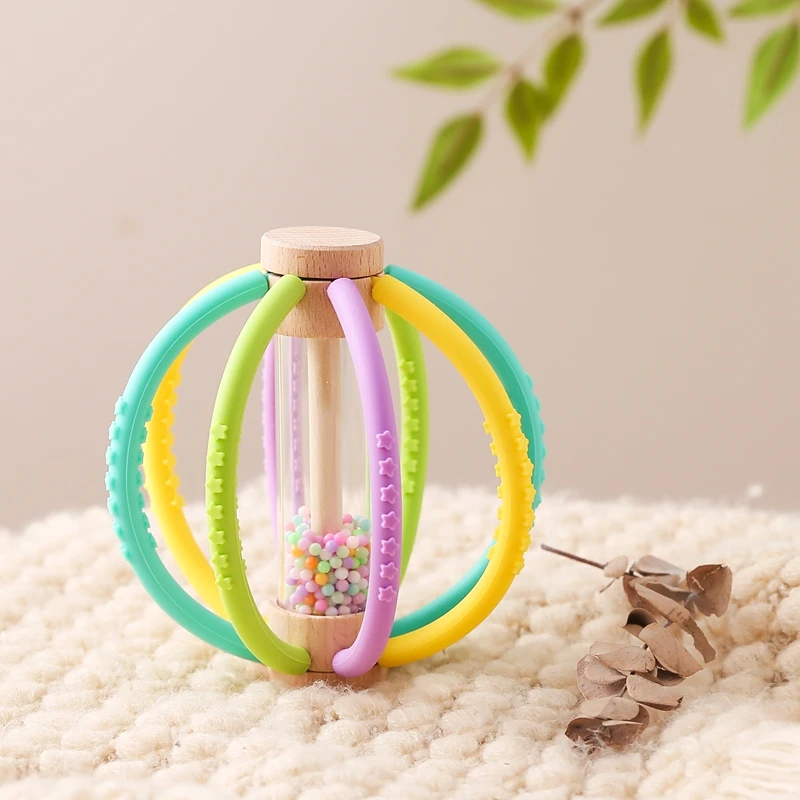 Baby Rattle Toy Wooden Rain Drum With Silicone Baby Sensory Touch Toy Newborn Dental Care Gum Anti-eating Hand ​Molar Stick Gif
