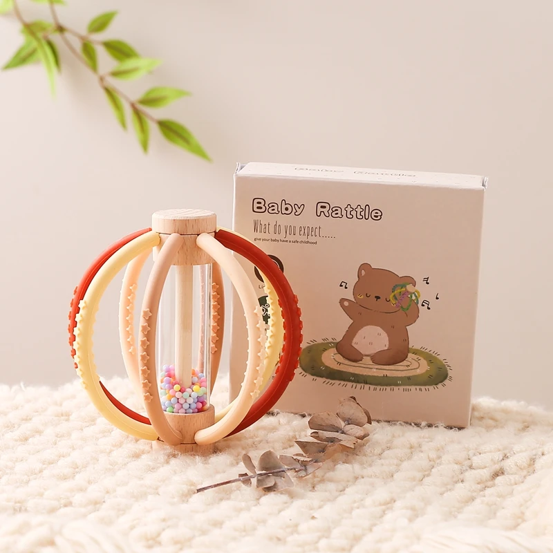 Baby Rattle Toy Wooden Rain Drum With Silicone Baby Sensory Touch Toy Newborn Dental Care Gum Anti-eating Hand ​Molar Stick Gif