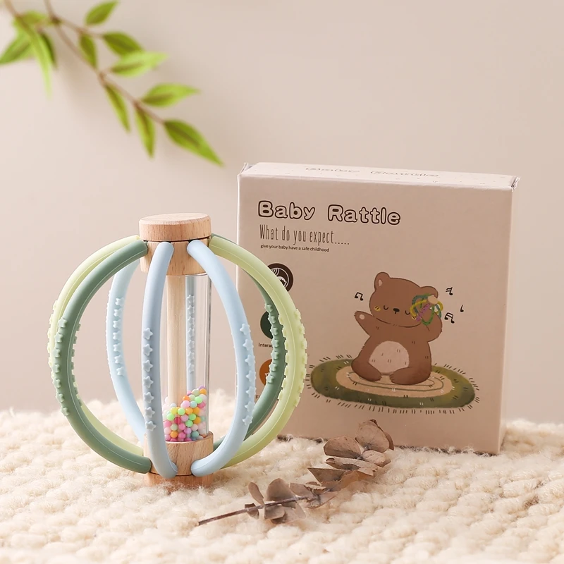 Baby Rattle Toy Wooden Rain Drum With Silicone Baby Sensory Touch Toy Newborn Dental Care Gum Anti-eating Hand ​Molar Stick Gif