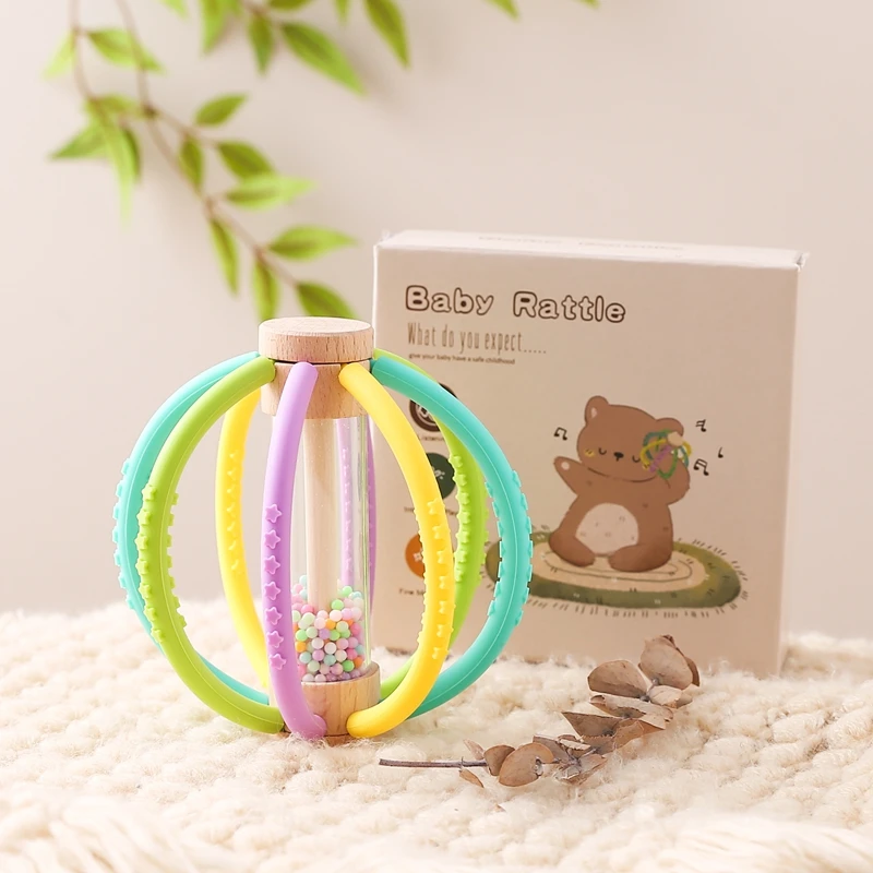 Baby Rattle Toy Wooden Rain Drum With Silicone Baby Sensory Touch Toy Newborn Dental Care Gum Anti-eating Hand ​Molar Stick Gif