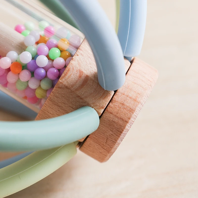 Baby Rattle Toy Wooden Rain Drum With Silicone Baby Sensory Touch Toy Newborn Dental Care Gum Anti-eating Hand ​Molar Stick Gif