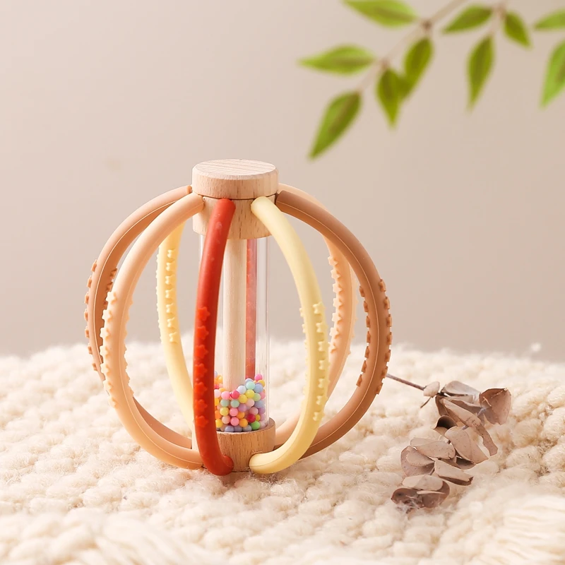 Baby Rattle Toy Wooden Rain Drum With Silicone Baby Sensory Touch Toy Newborn Dental Care Gum Anti-eating Hand ​Molar Stick Gif