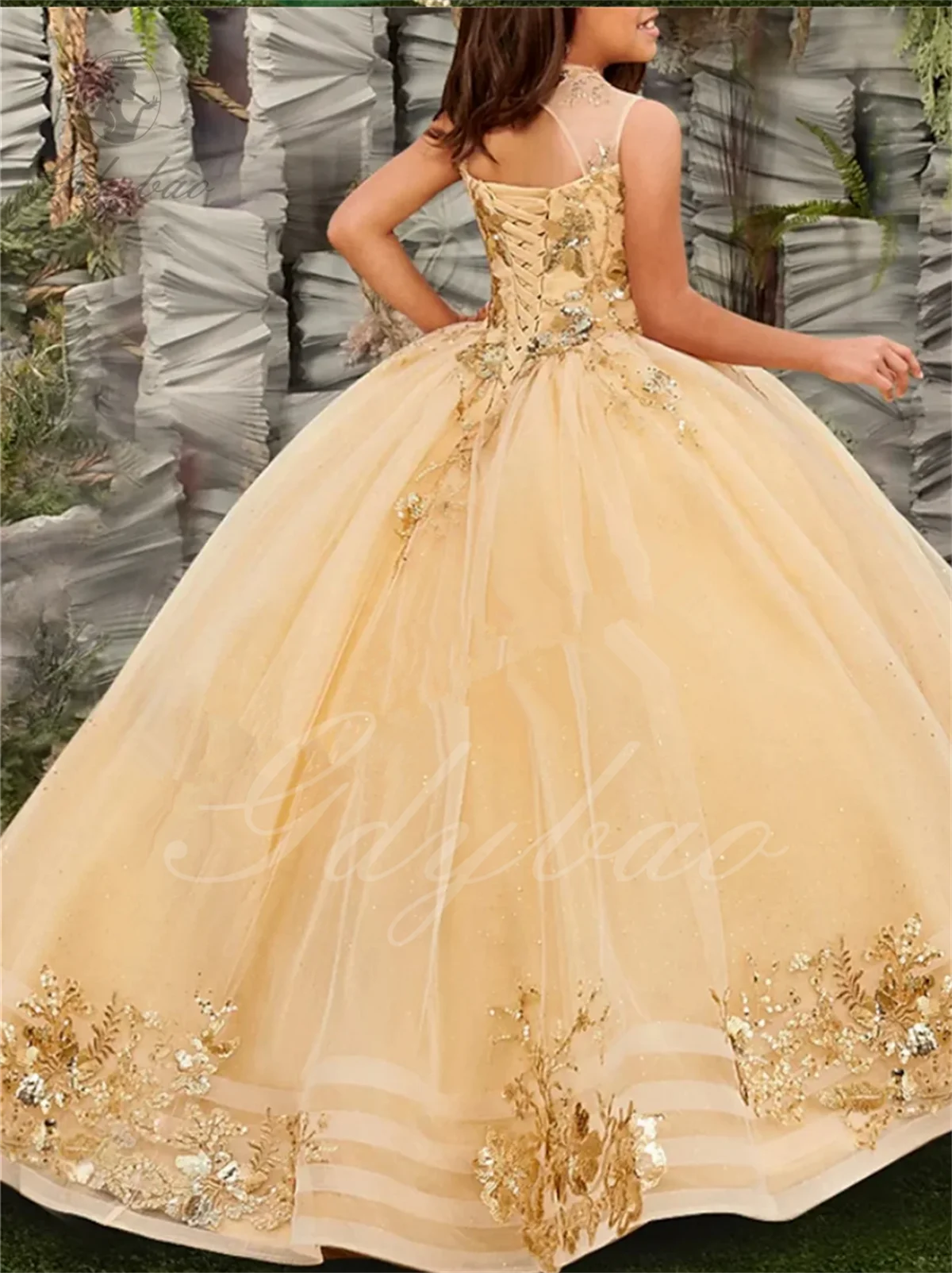 Gold Tulle Flower Girl Dress For Wedding Sleeveless Applique Puffy Floor Length Princess Kids First Communion Ball Gown