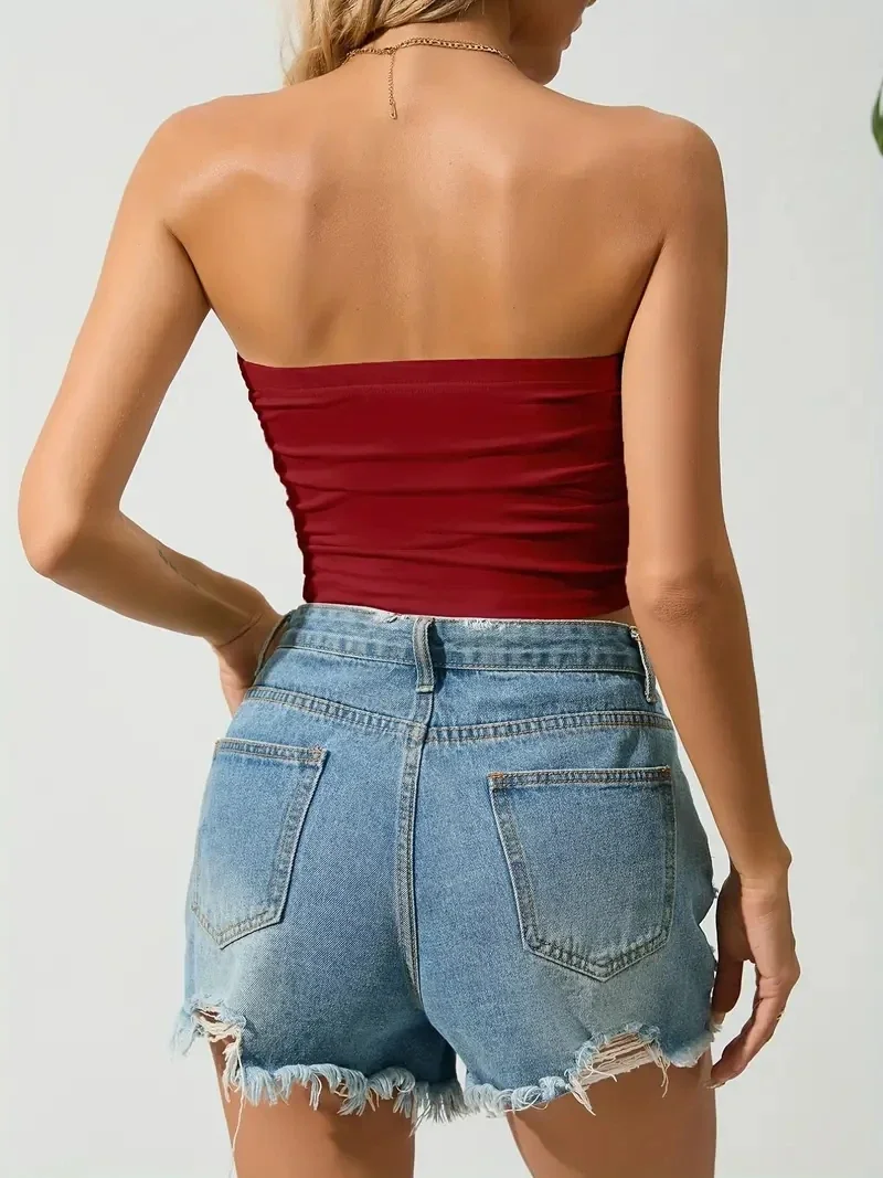 Europeans And Americans Solid Color Strapless, Off-the-shoulder Short Bodice Women's Backless Short Boat Neck Cami Tank Top