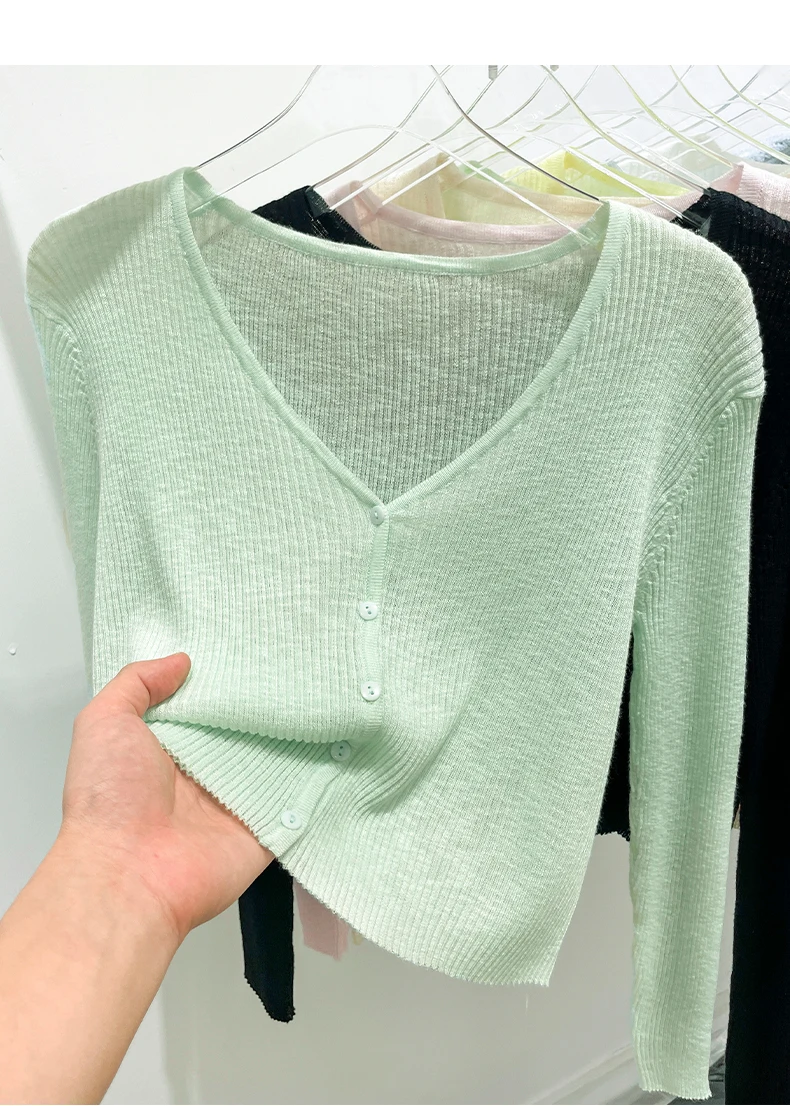 Korean Cardigan Women Thin Summer Casual Solid Feminino Sun-proof All-match Knitted V-neck Sweet Style Candy Color Basic Daily