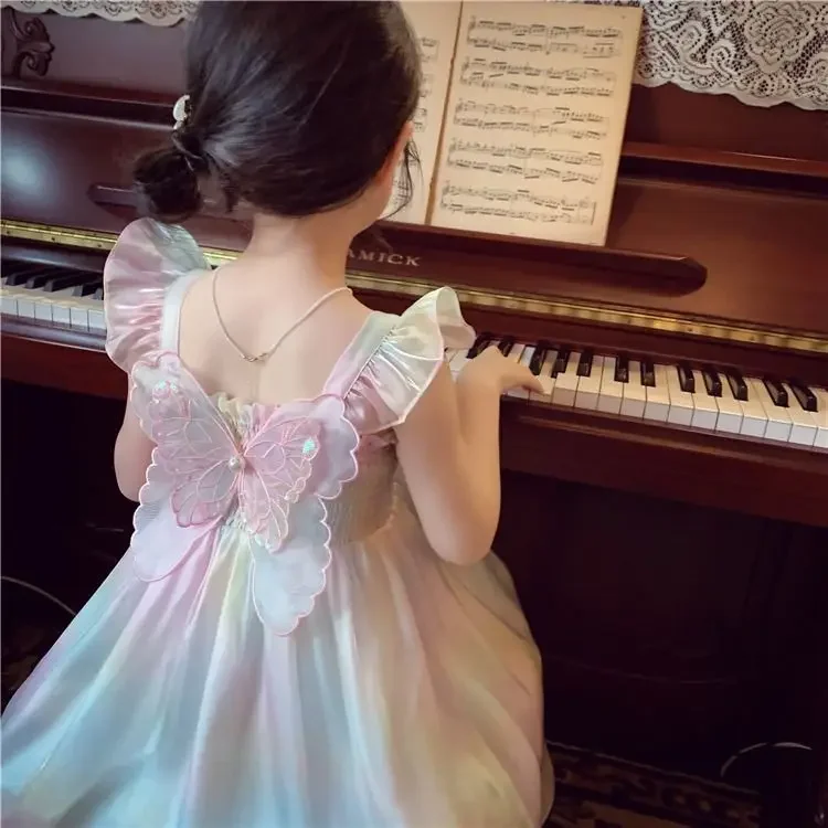 1-8 Years Cute Summer Princess Girls Dress Gradient Rainbow Butterfly Decoration Mesh Dress For Girls Party Prom Gown Clothes