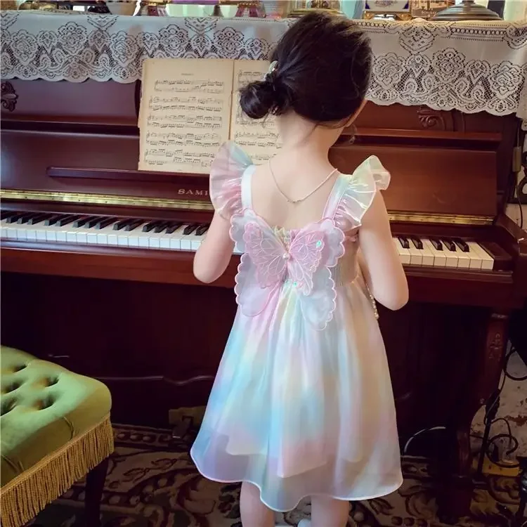 1-8 Years Cute Summer Princess Girls Dress Gradient Rainbow Butterfly Decoration Mesh Dress For Girls Party Prom Gown Clothes