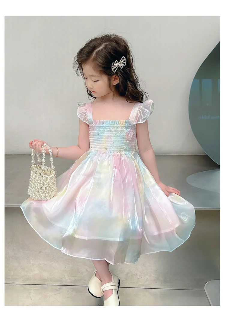 1-8 Years Cute Summer Princess Girls Dress Gradient Rainbow Butterfly Decoration Mesh Dress For Girls Party Prom Gown Clothes