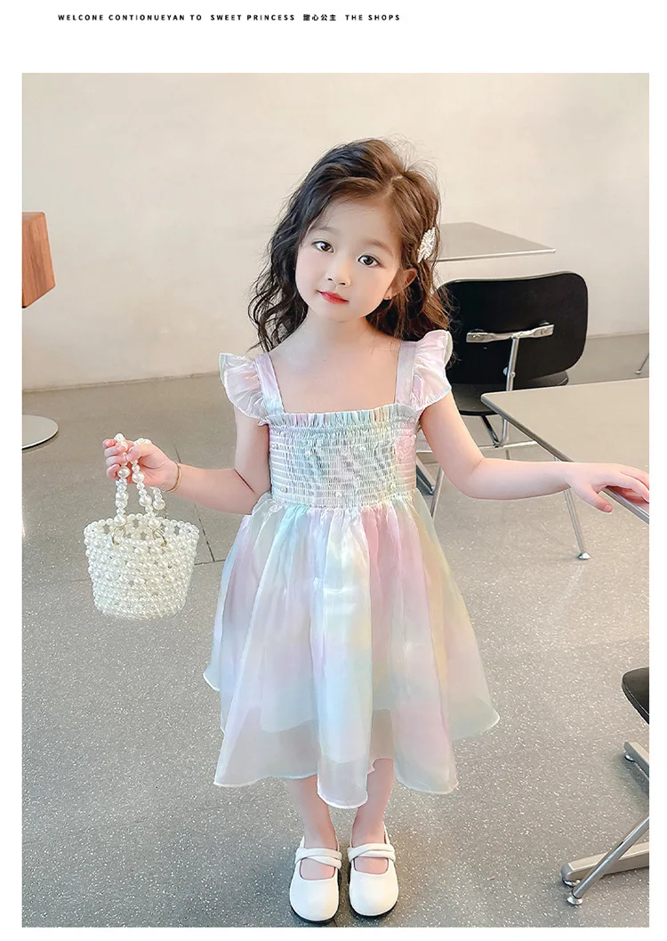 1-8 Years Cute Summer Princess Girls Dress Gradient Rainbow Butterfly Decoration Mesh Dress For Girls Party Prom Gown Clothes