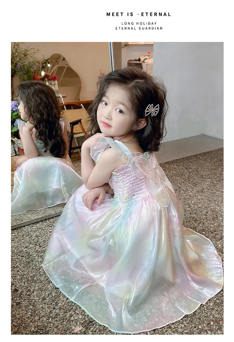 1-8 Years Cute Summer Princess Girls Dress Gradient Rainbow Butterfly Decoration Mesh Dress For Girls Party Prom Gown Clothes