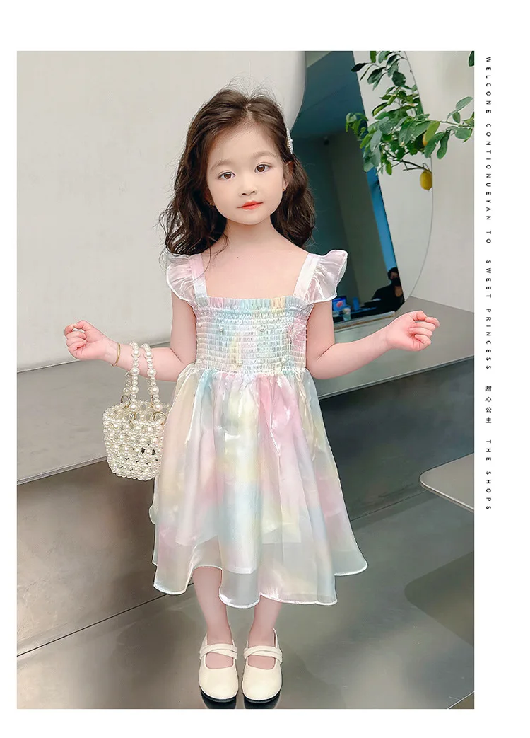 1-8 Years Cute Summer Princess Girls Dress Gradient Rainbow Butterfly Decoration Mesh Dress For Girls Party Prom Gown Clothes