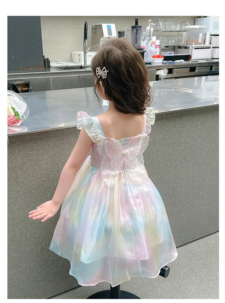 1-8 Years Cute Summer Princess Girls Dress Gradient Rainbow Butterfly Decoration Mesh Dress For Girls Party Prom Gown Clothes