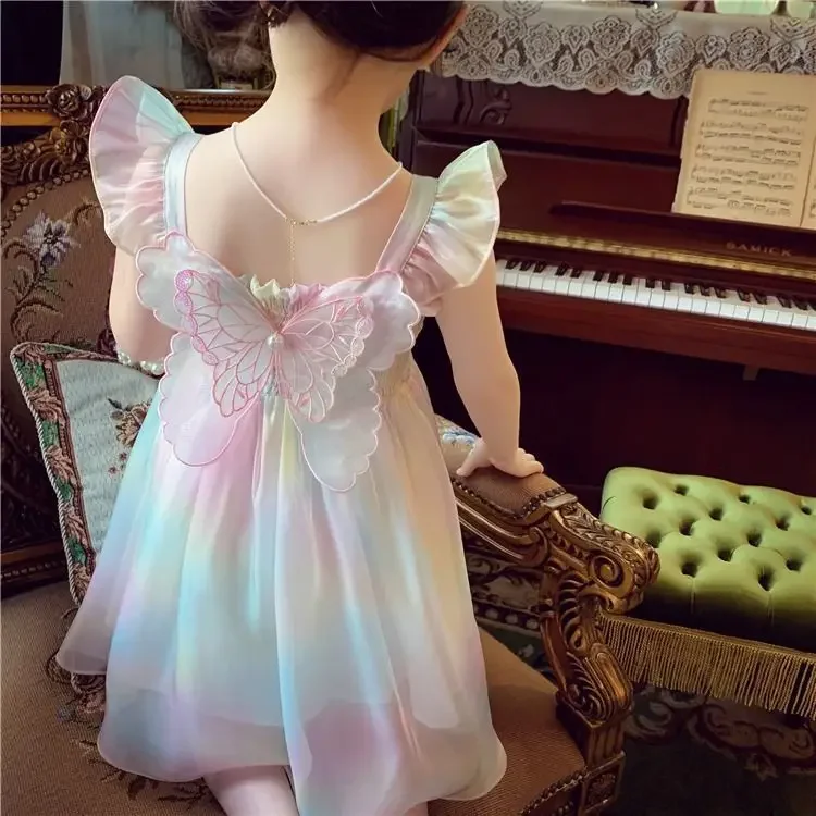 1-8 Years Cute Summer Princess Girls Dress Gradient Rainbow Butterfly Decoration Mesh Dress For Girls Party Prom Gown Clothes