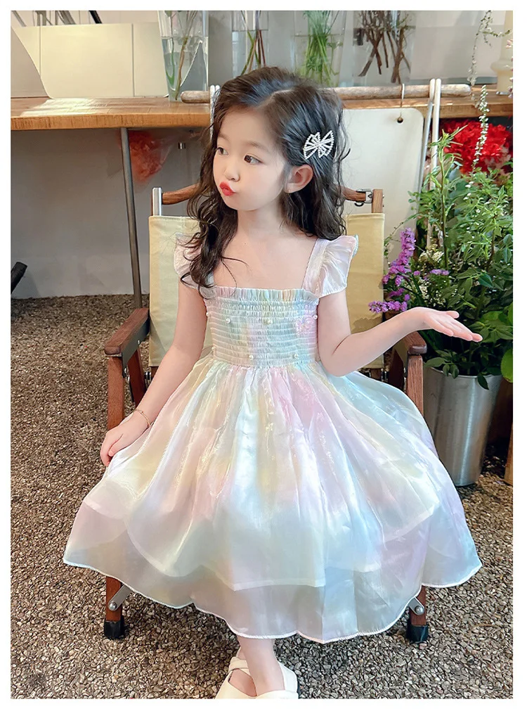 1-8 Years Cute Summer Princess Girls Dress Gradient Rainbow Butterfly Decoration Mesh Dress For Girls Party Prom Gown Clothes