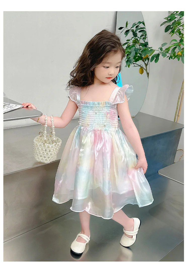 1-8 Years Cute Summer Princess Girls Dress Gradient Rainbow Butterfly Decoration Mesh Dress For Girls Party Prom Gown Clothes