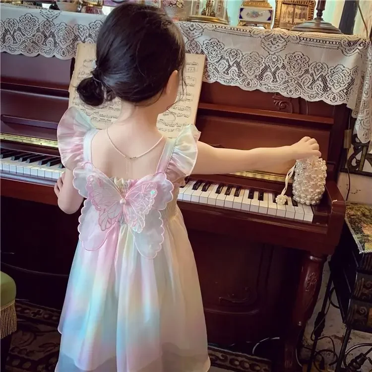 1-8 Years Cute Summer Princess Girls Dress Gradient Rainbow Butterfly Decoration Mesh Dress For Girls Party Prom Gown Clothes
