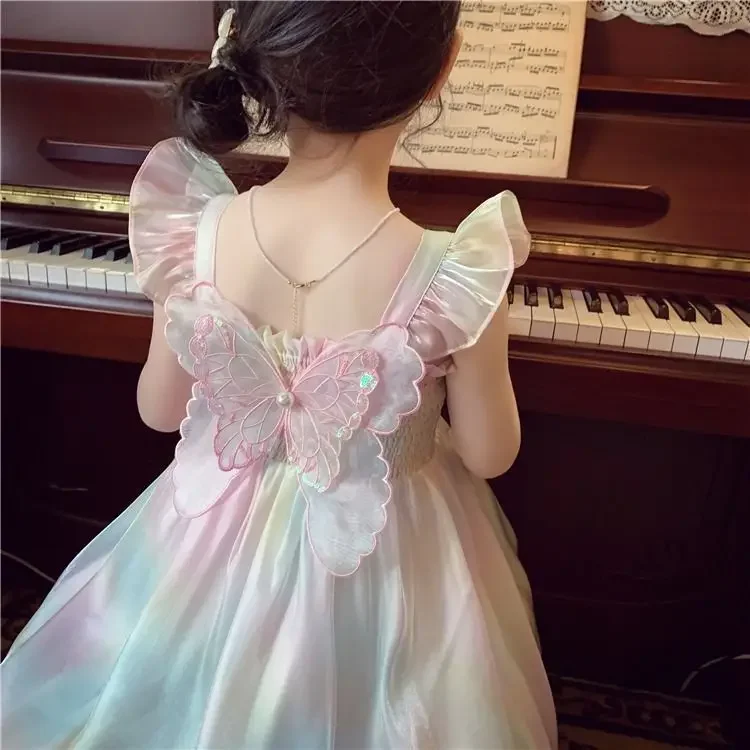 1-8 Years Cute Summer Princess Girls Dress Gradient Rainbow Butterfly Decoration Mesh Dress For Girls Party Prom Gown Clothes