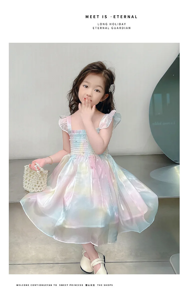 1-8 Years Cute Summer Princess Girls Dress Gradient Rainbow Butterfly Decoration Mesh Dress For Girls Party Prom Gown Clothes