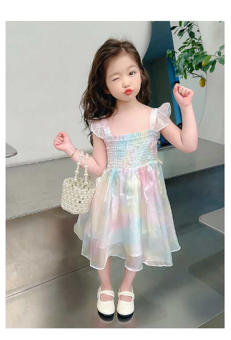 1-8 Years Cute Summer Princess Girls Dress Gradient Rainbow Butterfly Decoration Mesh Dress For Girls Party Prom Gown Clothes