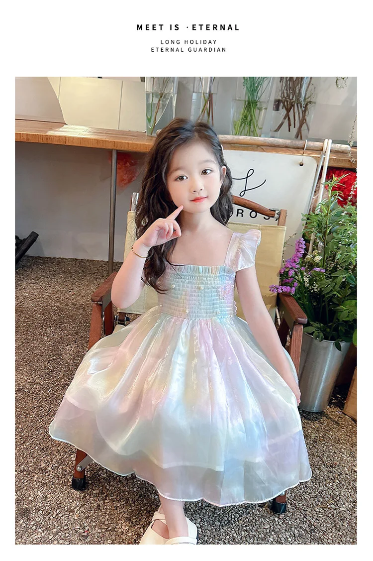 1-8 Years Cute Summer Princess Girls Dress Gradient Rainbow Butterfly Decoration Mesh Dress For Girls Party Prom Gown Clothes