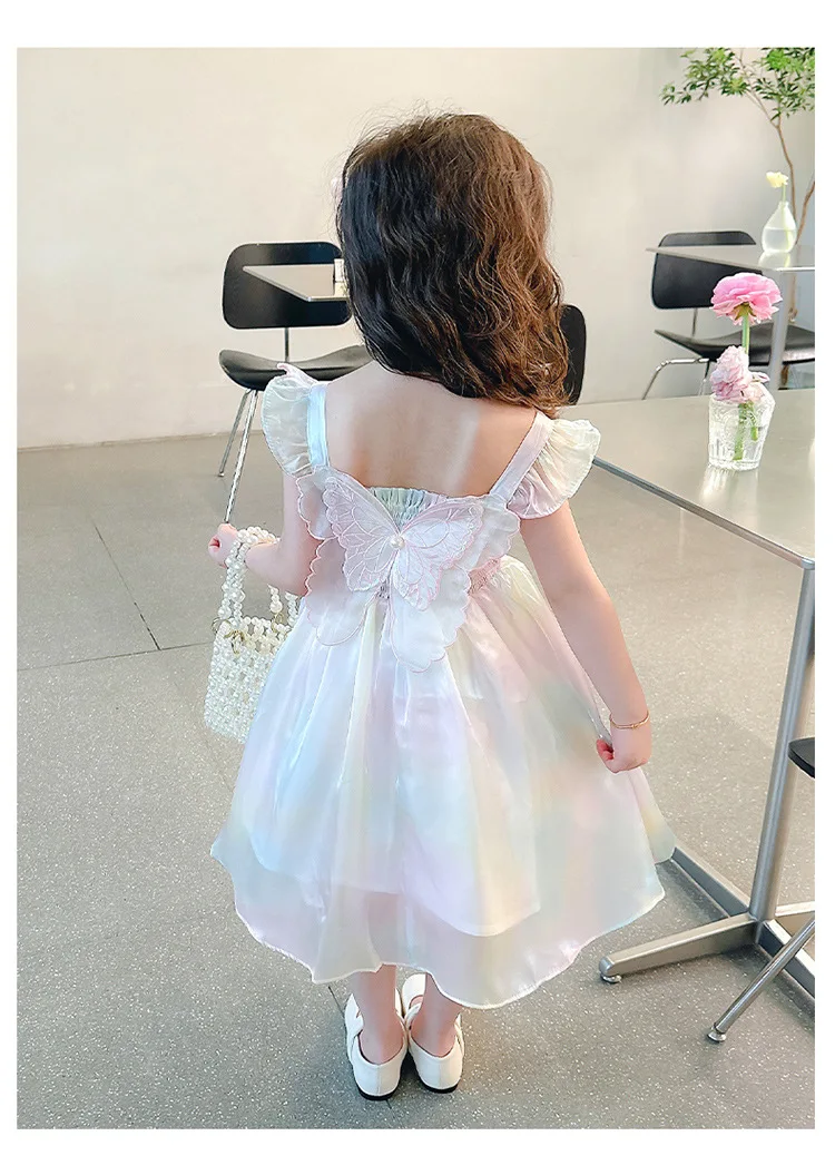 1-8 Years Cute Summer Princess Girls Dress Gradient Rainbow Butterfly Decoration Mesh Dress For Girls Party Prom Gown Clothes