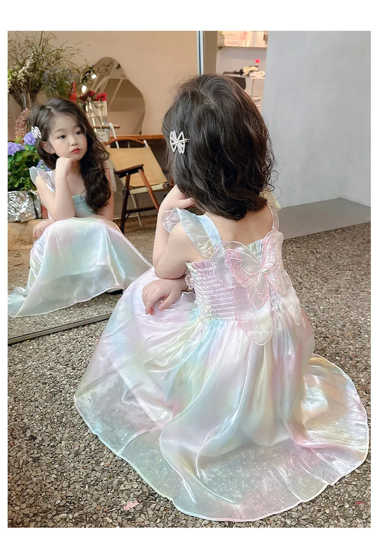 1-8 Years Cute Summer Princess Girls Dress Gradient Rainbow Butterfly Decoration Mesh Dress For Girls Party Prom Gown Clothes