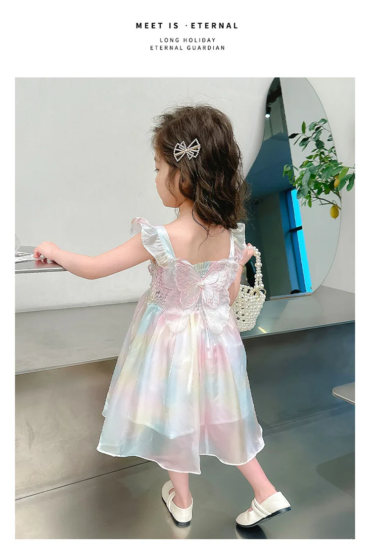 1-8 Years Cute Summer Princess Girls Dress Gradient Rainbow Butterfly Decoration Mesh Dress For Girls Party Prom Gown Clothes
