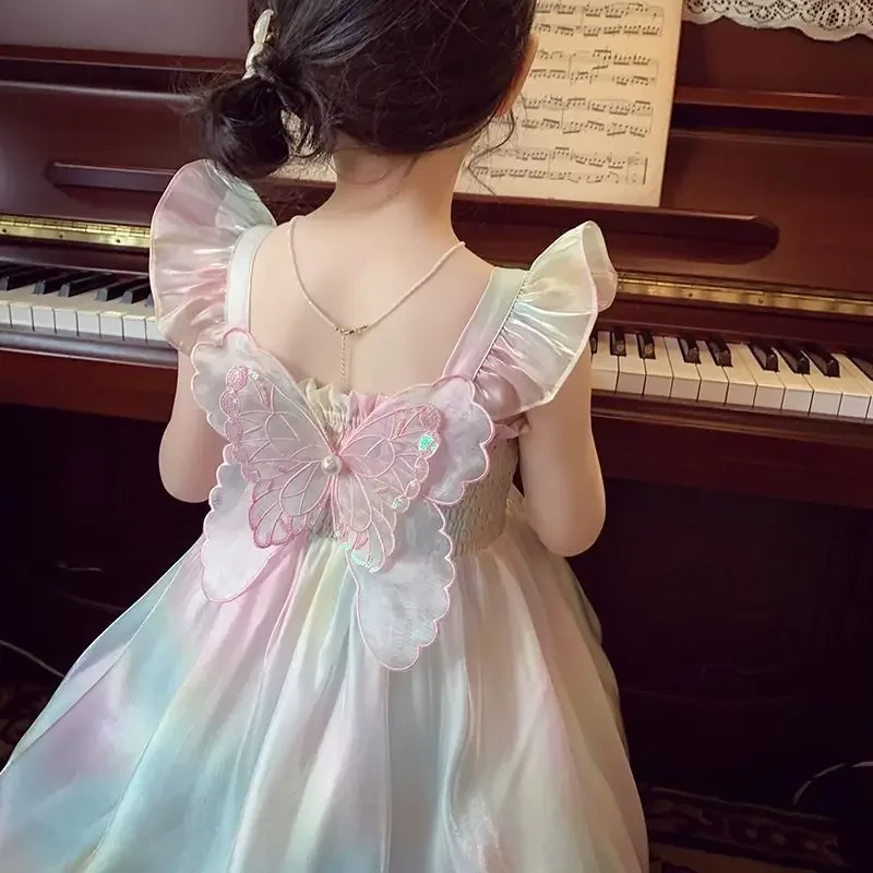 1-8 Years Cute Summer Princess Girls Dress Gradient Rainbow Butterfly Decoration Mesh Dress For Girls Party Prom Gown Clothes