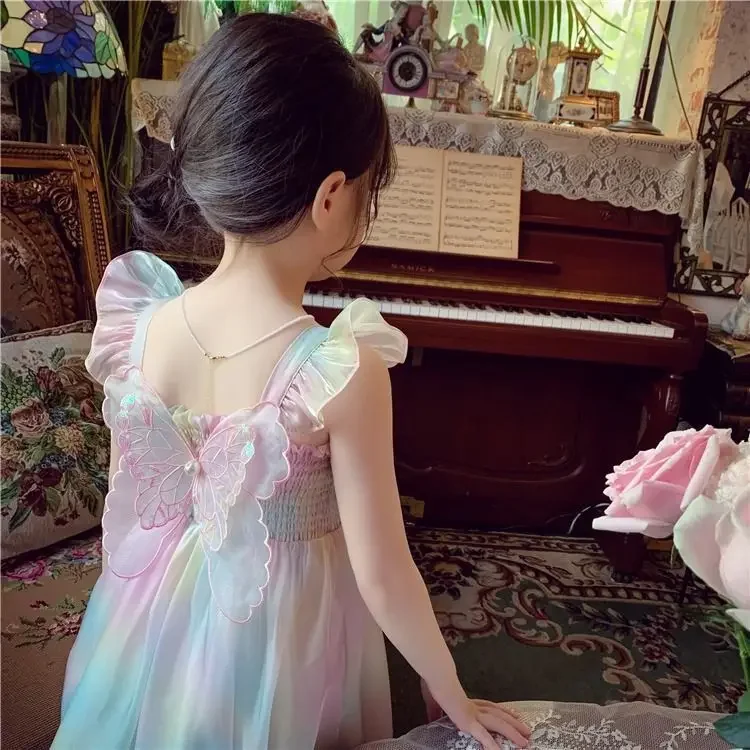 1-8 Years Cute Summer Princess Girls Dress Gradient Rainbow Butterfly Decoration Mesh Dress For Girls Party Prom Gown Clothes