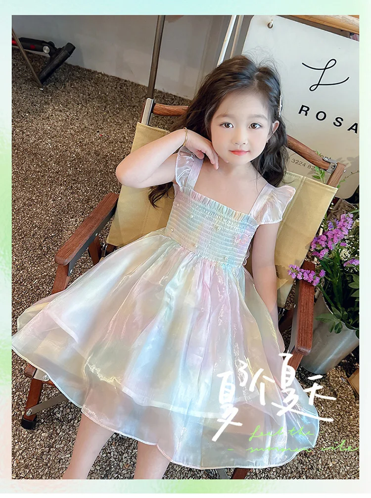 1-8 Years Cute Summer Princess Girls Dress Gradient Rainbow Butterfly Decoration Mesh Dress For Girls Party Prom Gown Clothes