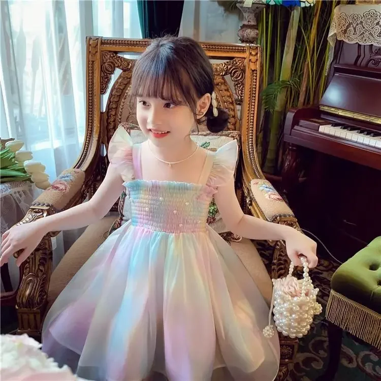 1-8 Years Cute Summer Princess Girls Dress Gradient Rainbow Butterfly Decoration Mesh Dress For Girls Party Prom Gown Clothes