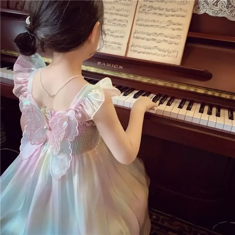 1-8 Years Cute Summer Princess Girls Dress Gradient Rainbow Butterfly Decoration Mesh Dress For Girls Party Prom Gown Clothes