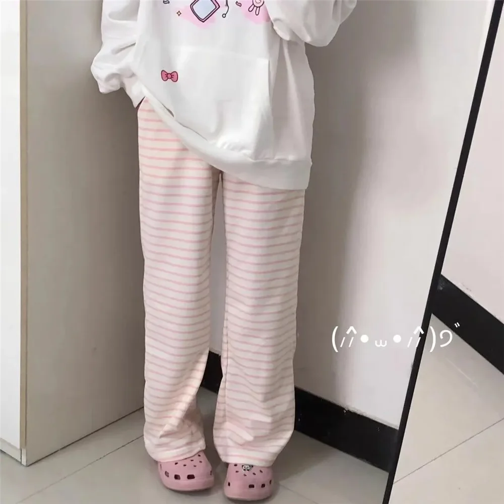 Cute Y2K Striped Pants Women Kawaii Sweet Harajuku Fleece Sports Korean Fashion Sweatpants Girly Basic Cartoon Japanese Trousers
