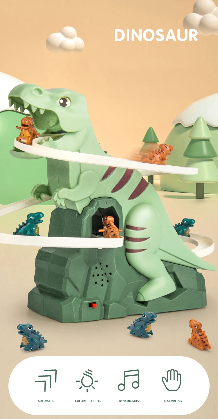 Dinosaur Climbing Slide Music Toy with 3 Dinosaurs, Puzzle Fun Electric Slide Toy Car, Halloween Boy and Girl Christmas Gift