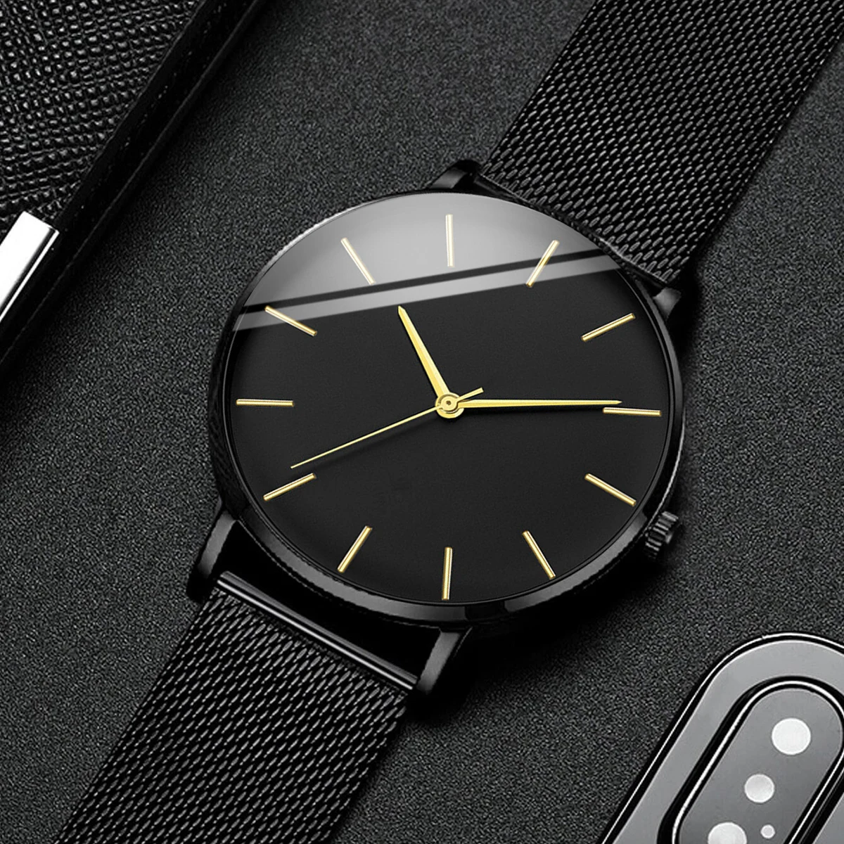 Fashion Men Business Watches Ultra Thin Stainless Steel Mesh Belt Quartz Watch