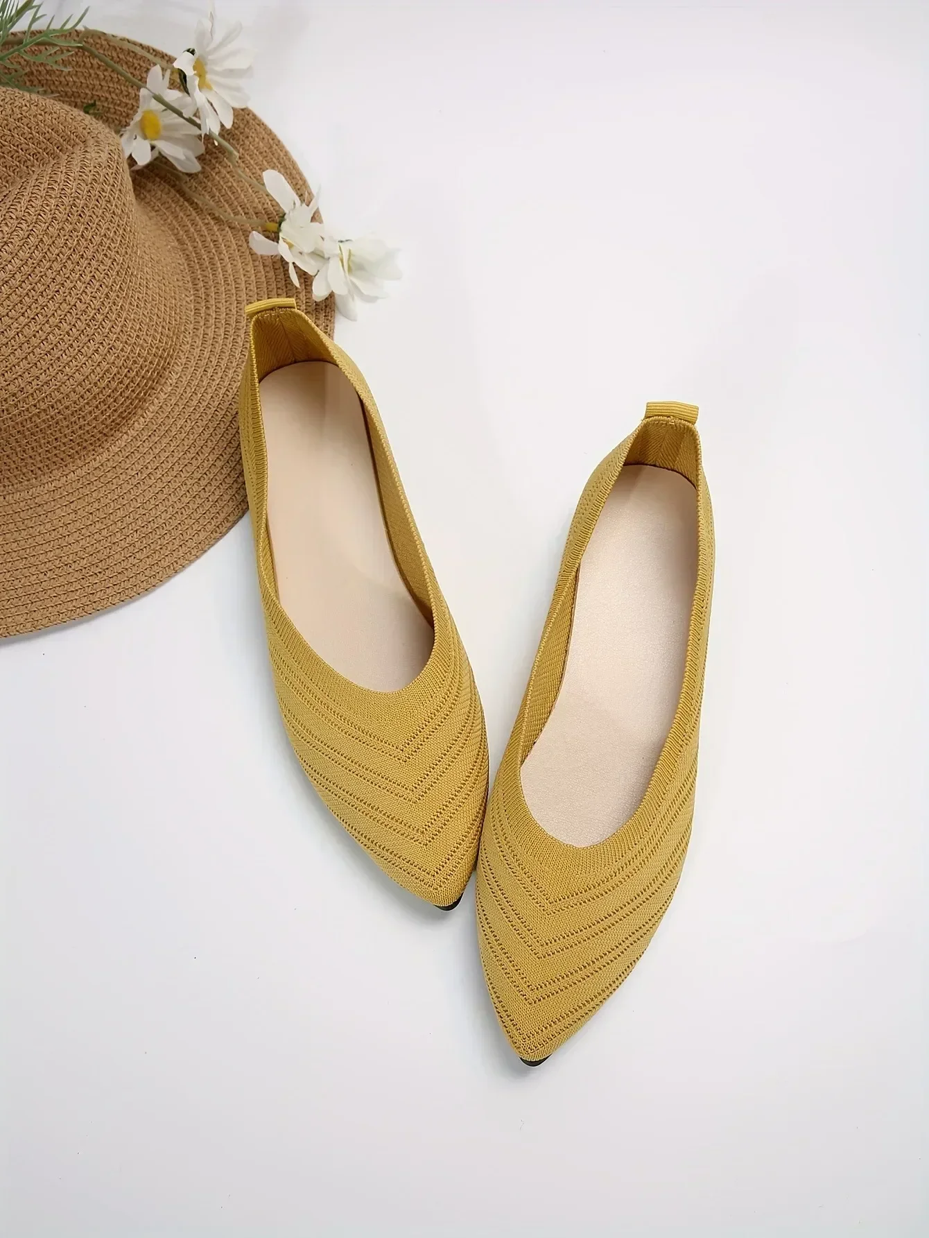 Women's Pointed Toe Flat Shoes Solid Color Knitted Slip on Shoes Casual Breathable Ballet Flats Women Flat Shoes Loafers Women