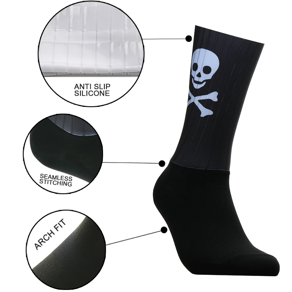 2027 New Skull Non-slip Sports Silicone Seamless Aero Cycling Socks Breathable Pattern Road Bike Racing Socks